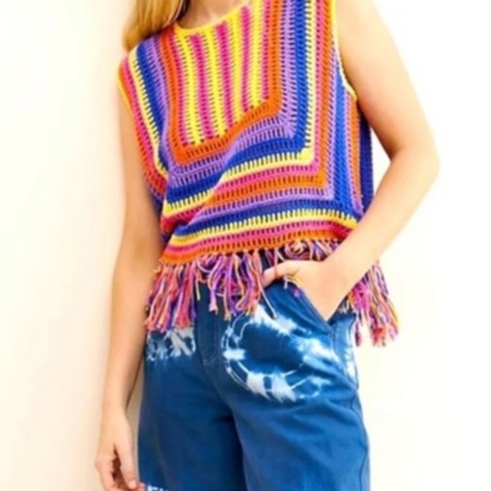 Free People HAPPY SHEEP crochet fringe granny square Macrame tank tunic sewater